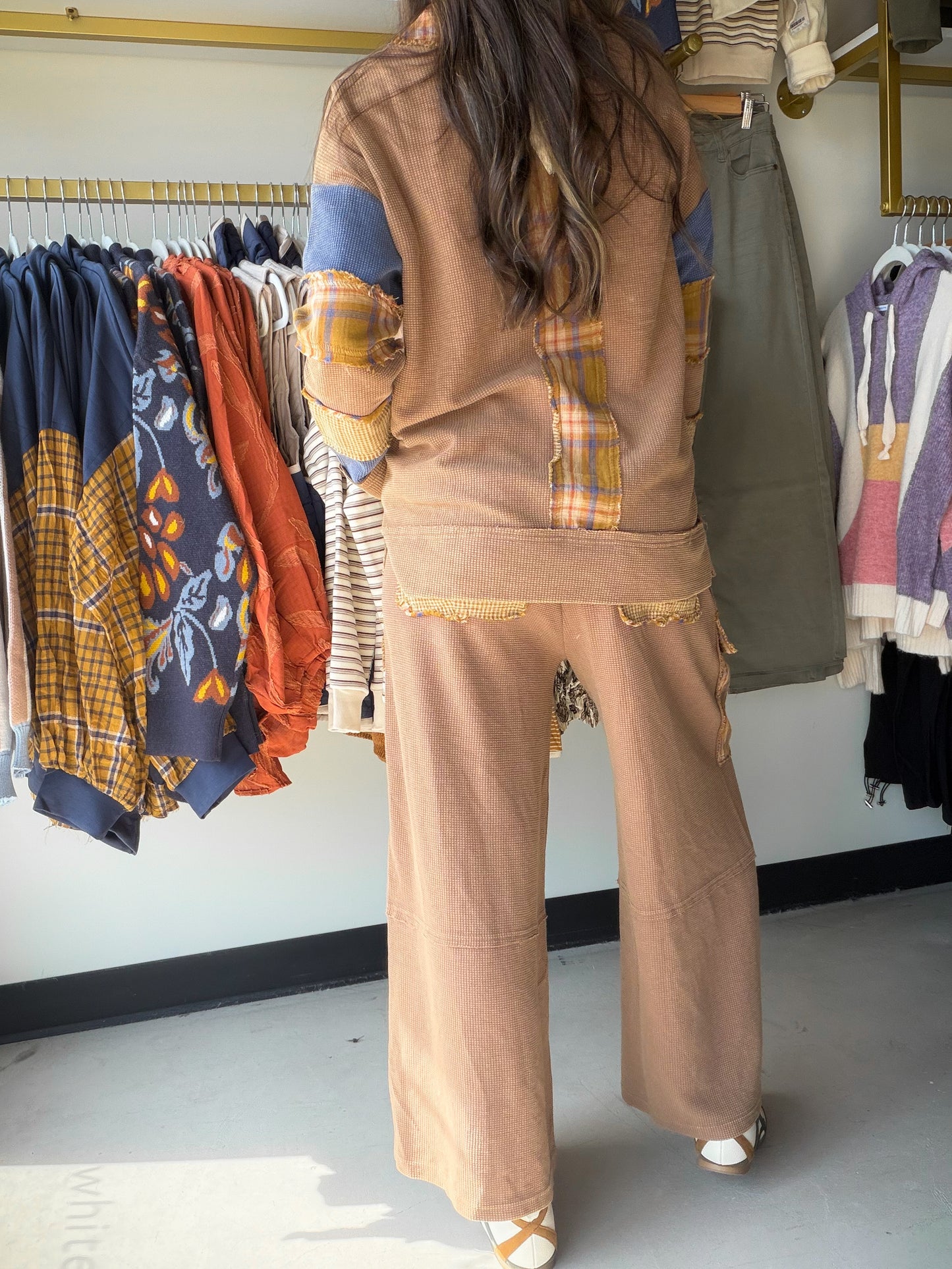 Camel Plaid Mix Thermal Top