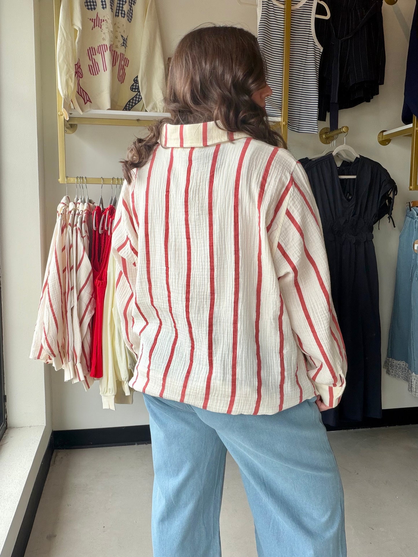 Cream & Red Stripe Gauze Top