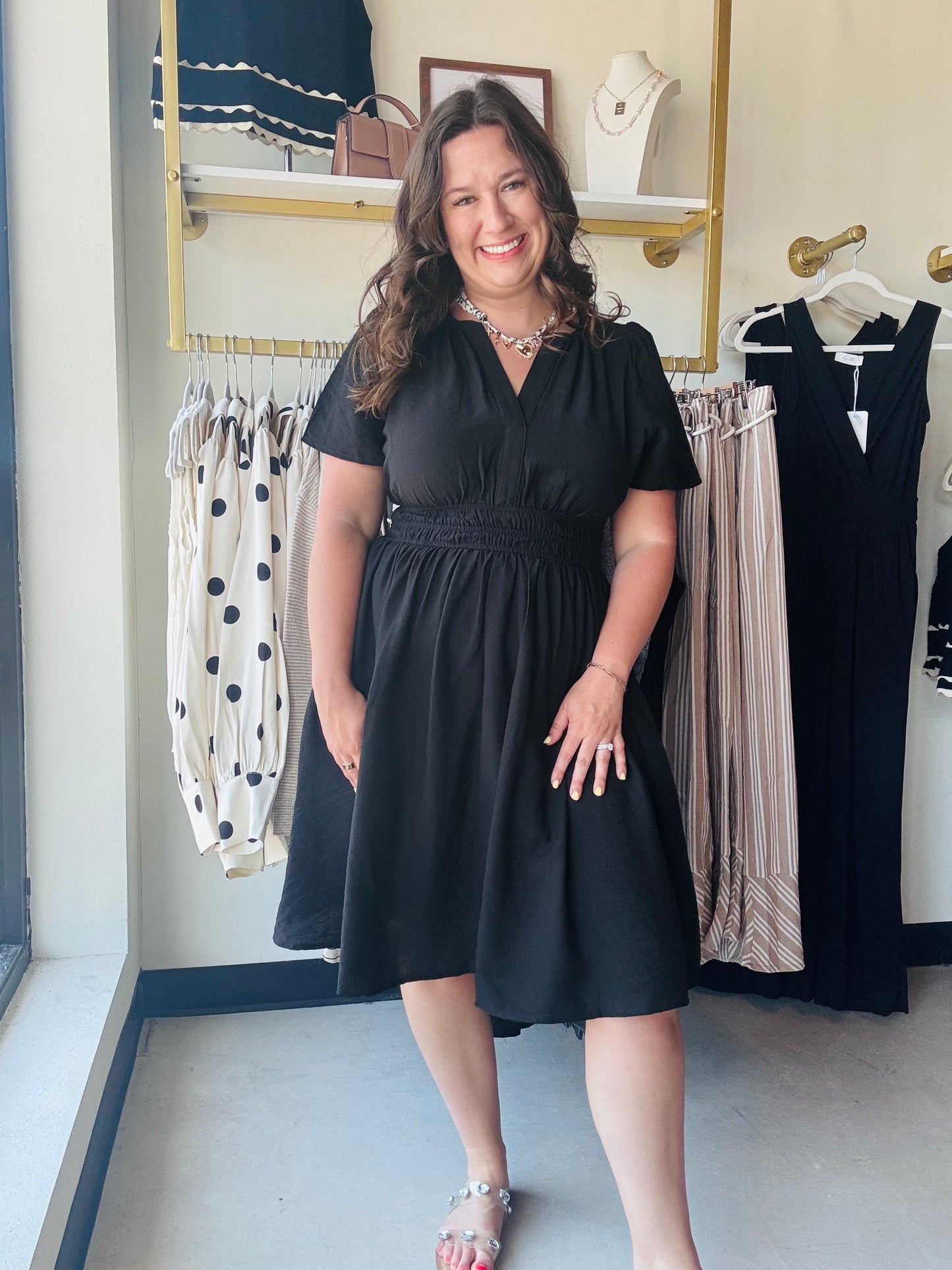 Black Cinched Waist Midi Dress