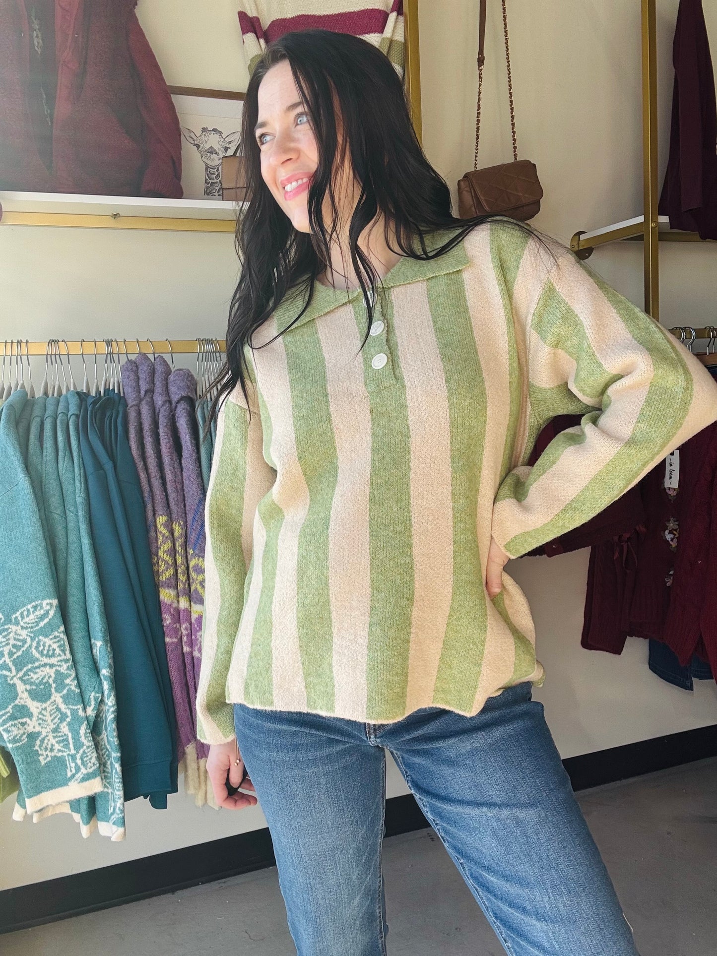 Light Olive Striped Button Sweater