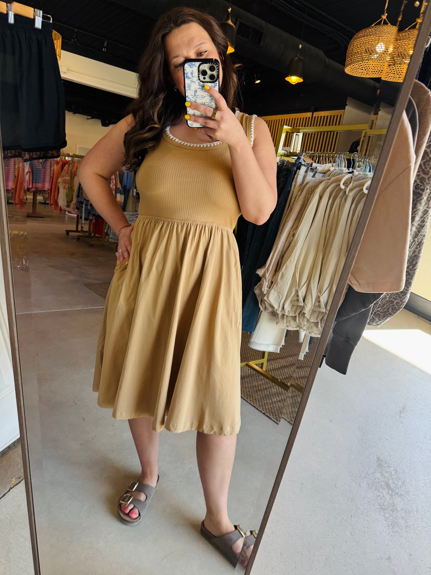 Camel Blanket Stitch Midi Dress