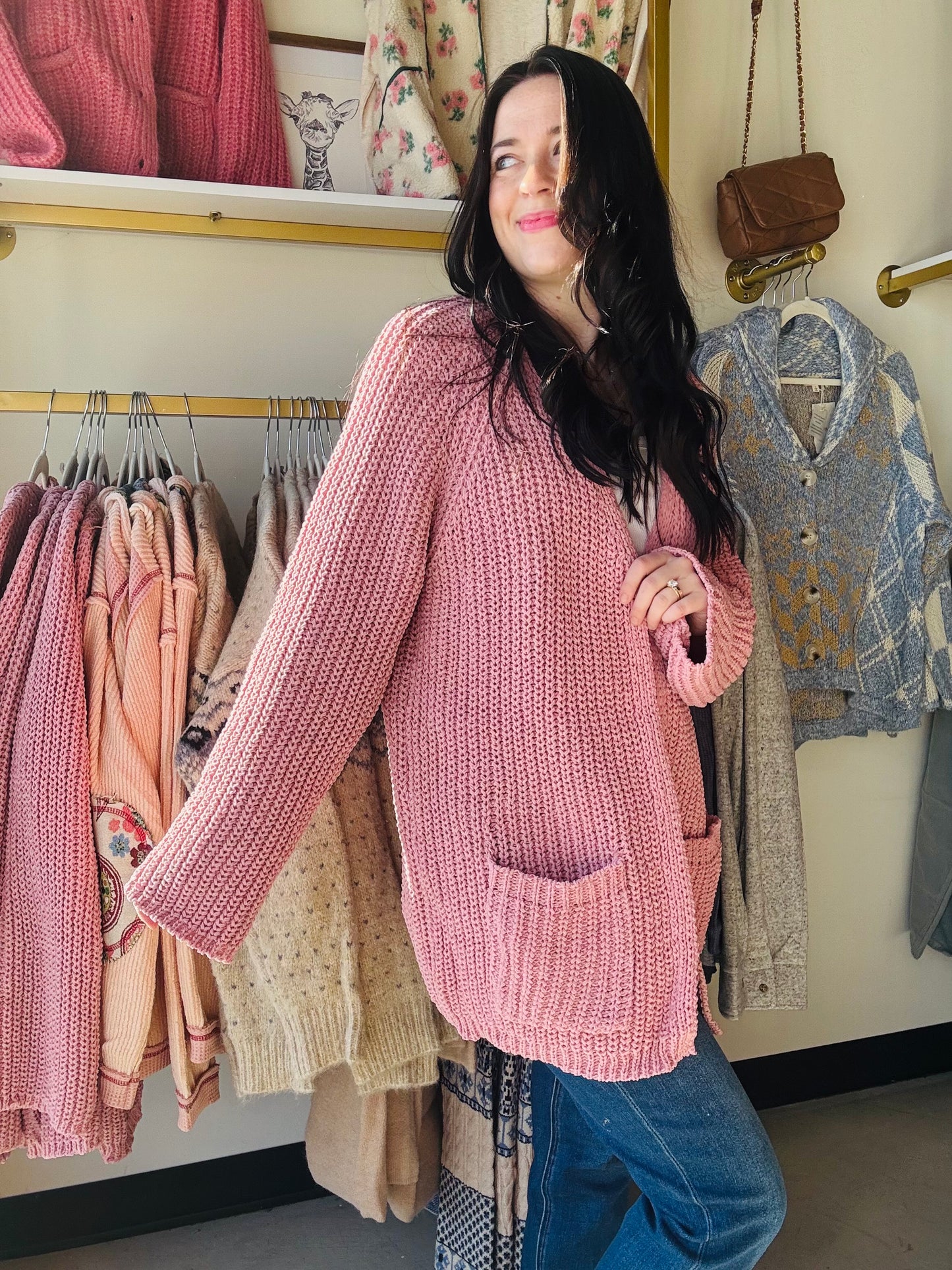 Rose Pink Chunky Knit Cardigan