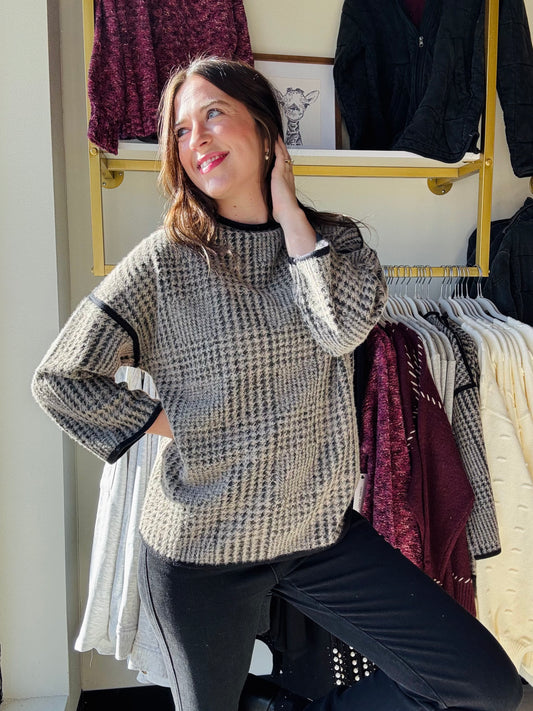 3/4 Sleeve Jacquard Plaid Top