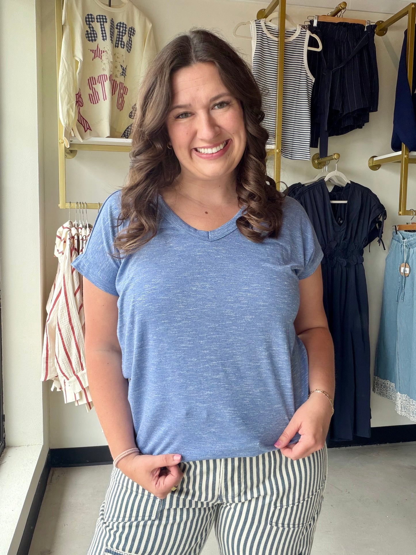 Denim Textured V Neck Tee