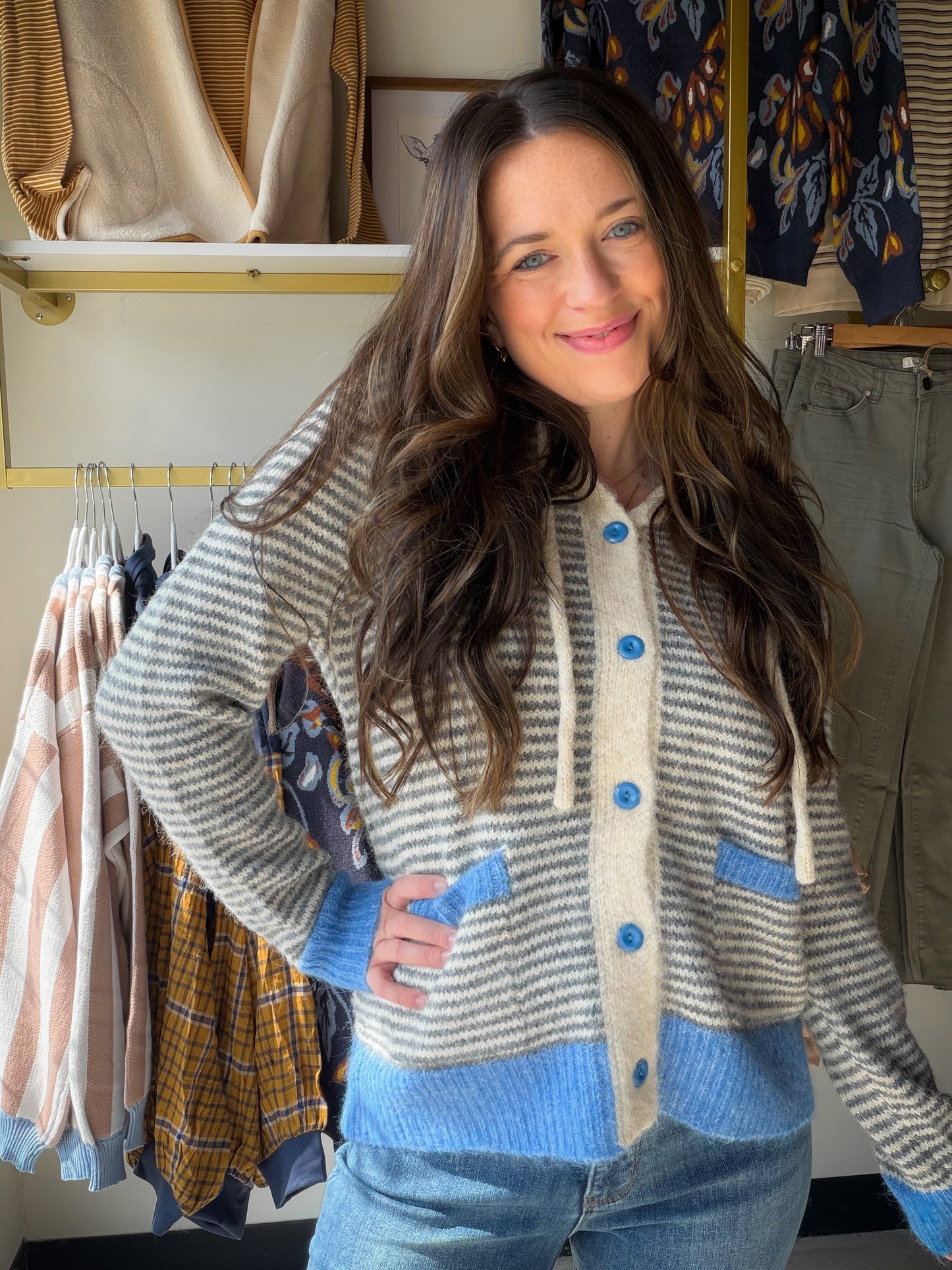 Blue Gray Contrast Button Hoodie