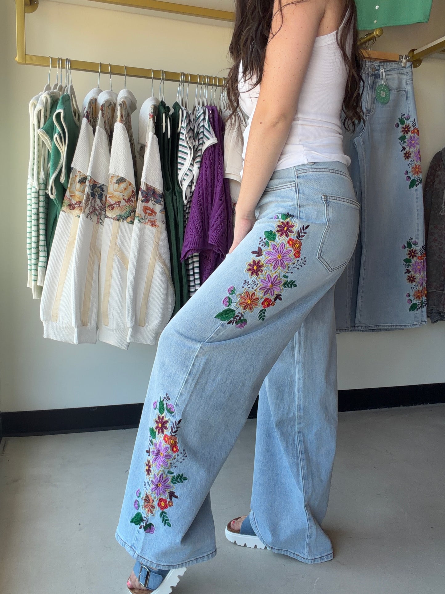 Evie Embroidered Wide Leg Denim