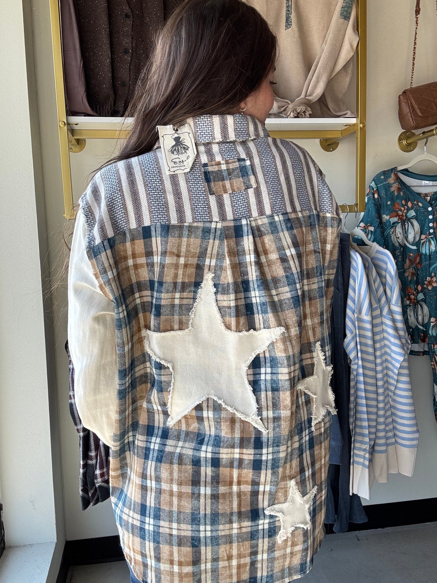 Cream Blue Plaid Button Up