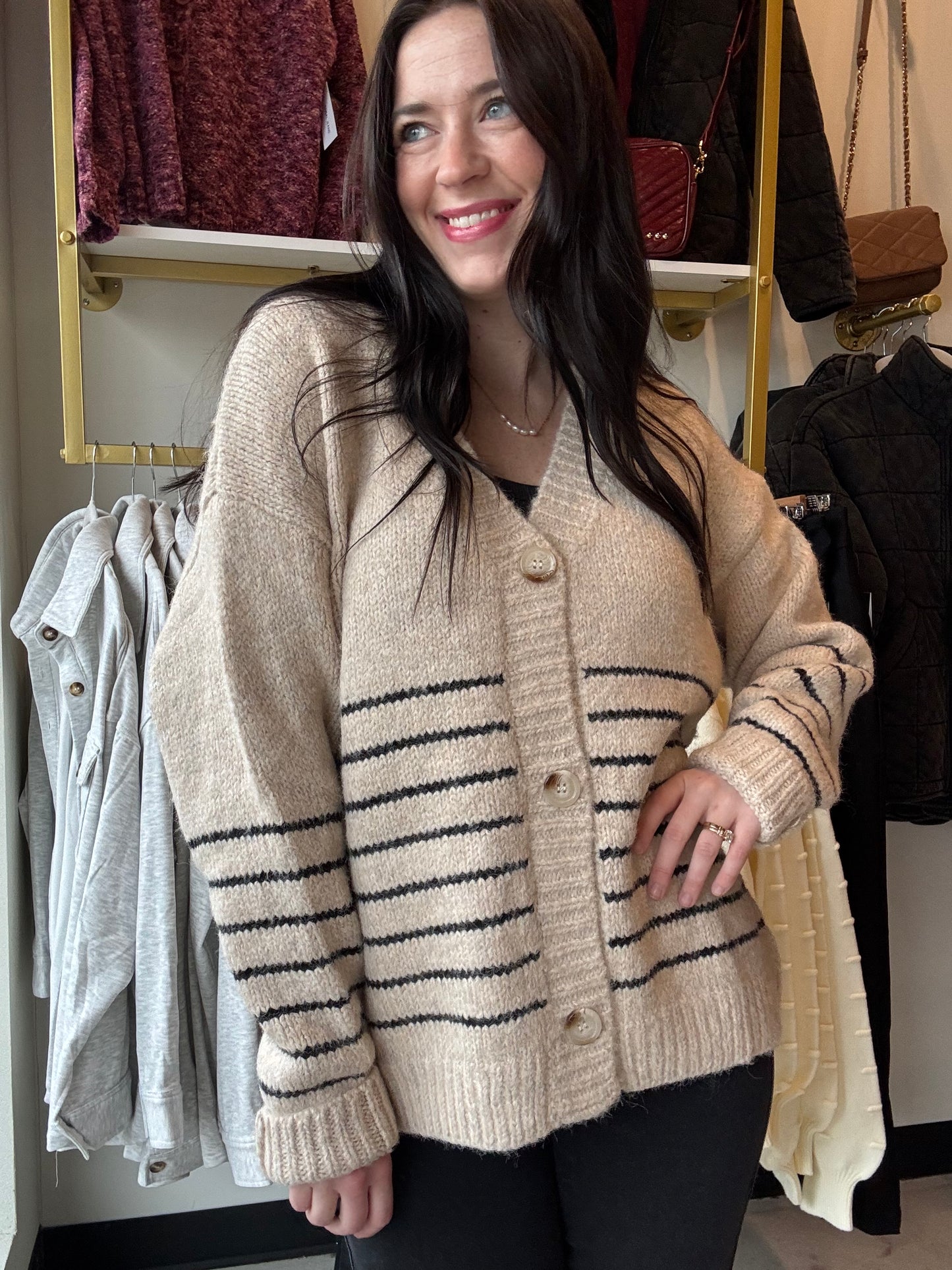 Oatmeal & Black Stripe Button Sweater