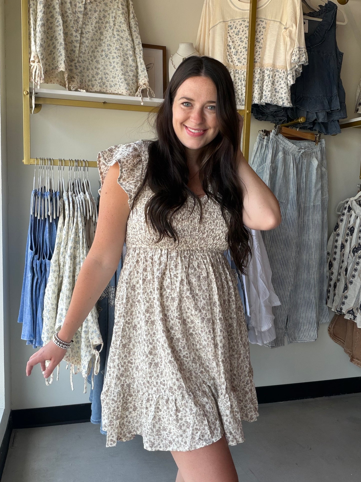 Taupe Smocked Babydoll Dress