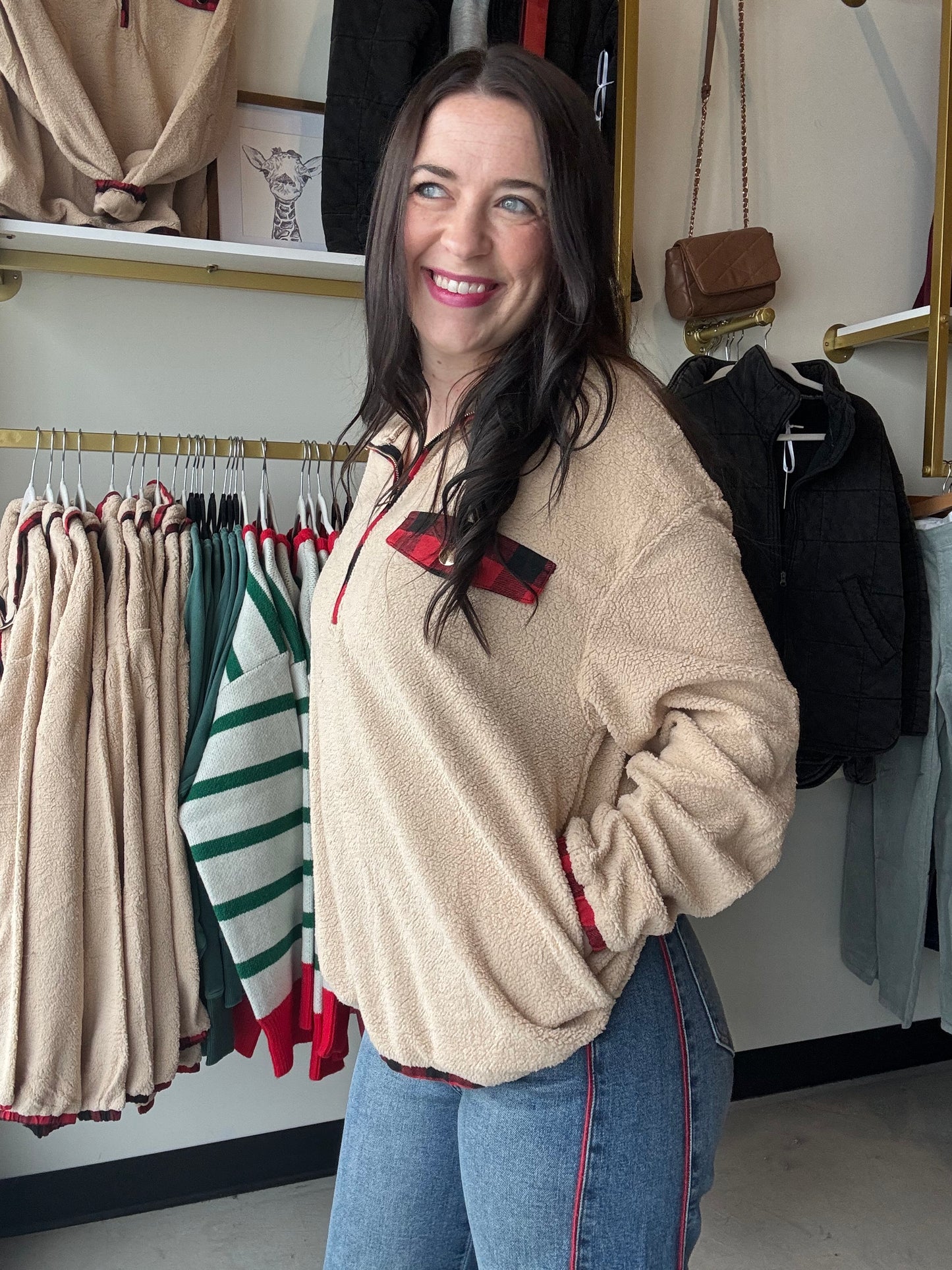 Taupe Buffalo Plaid Half Zip
