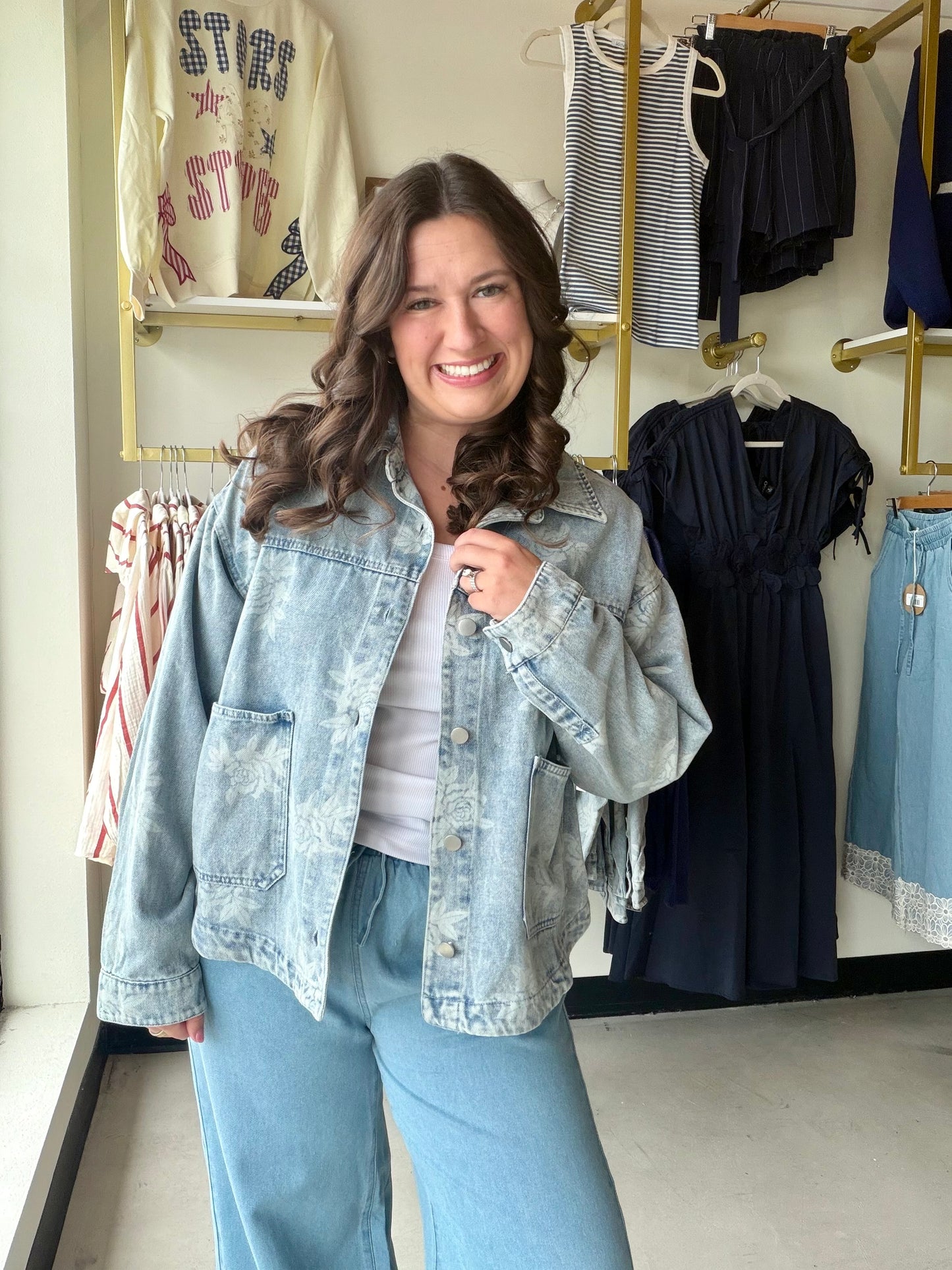 Rose Printed Washed Denim Jacket