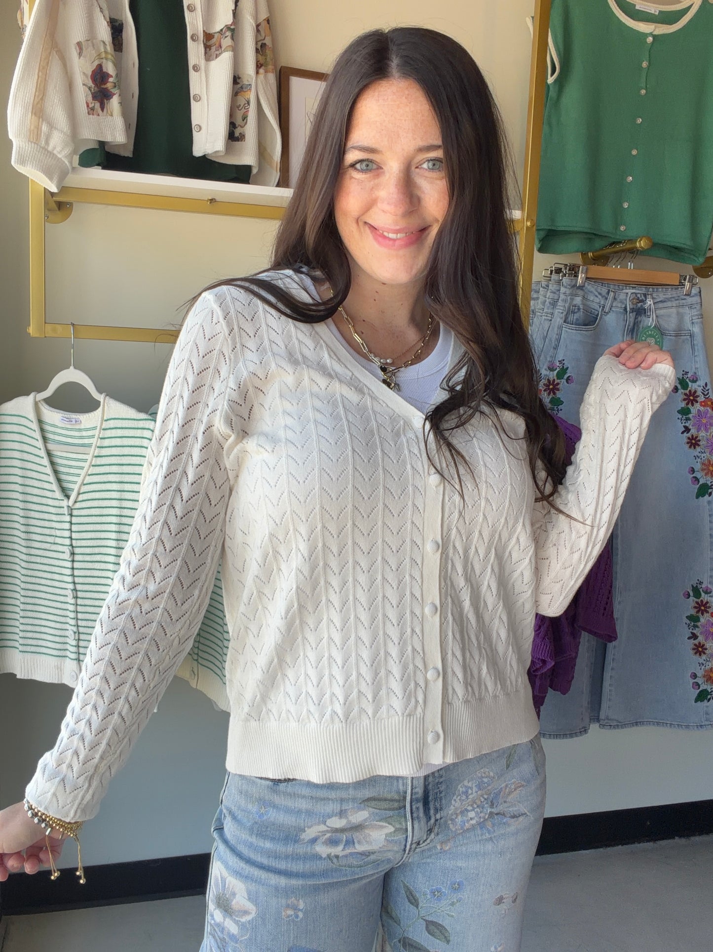 White Pointelle Button Down Cardigan