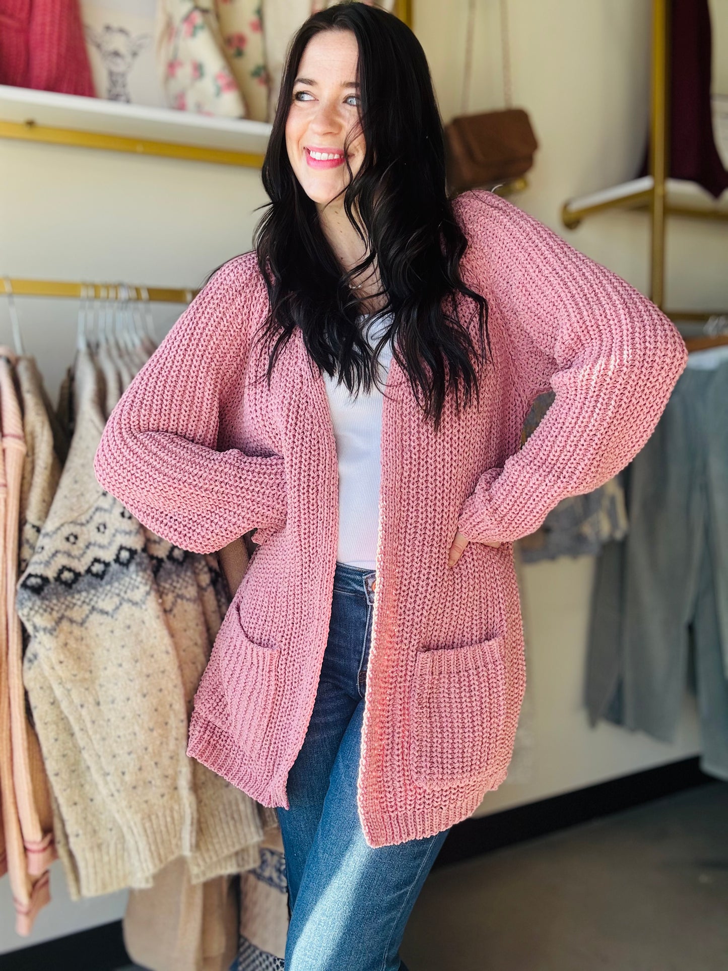 Rose Pink Chunky Knit Cardigan