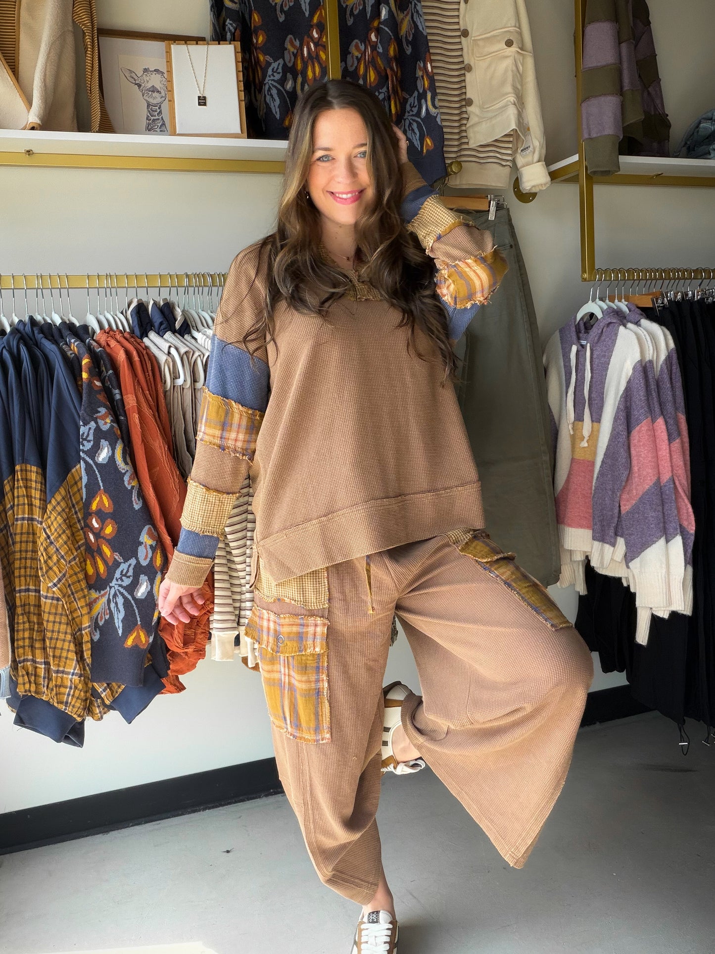 Camel Plaid Mix Thermal Top