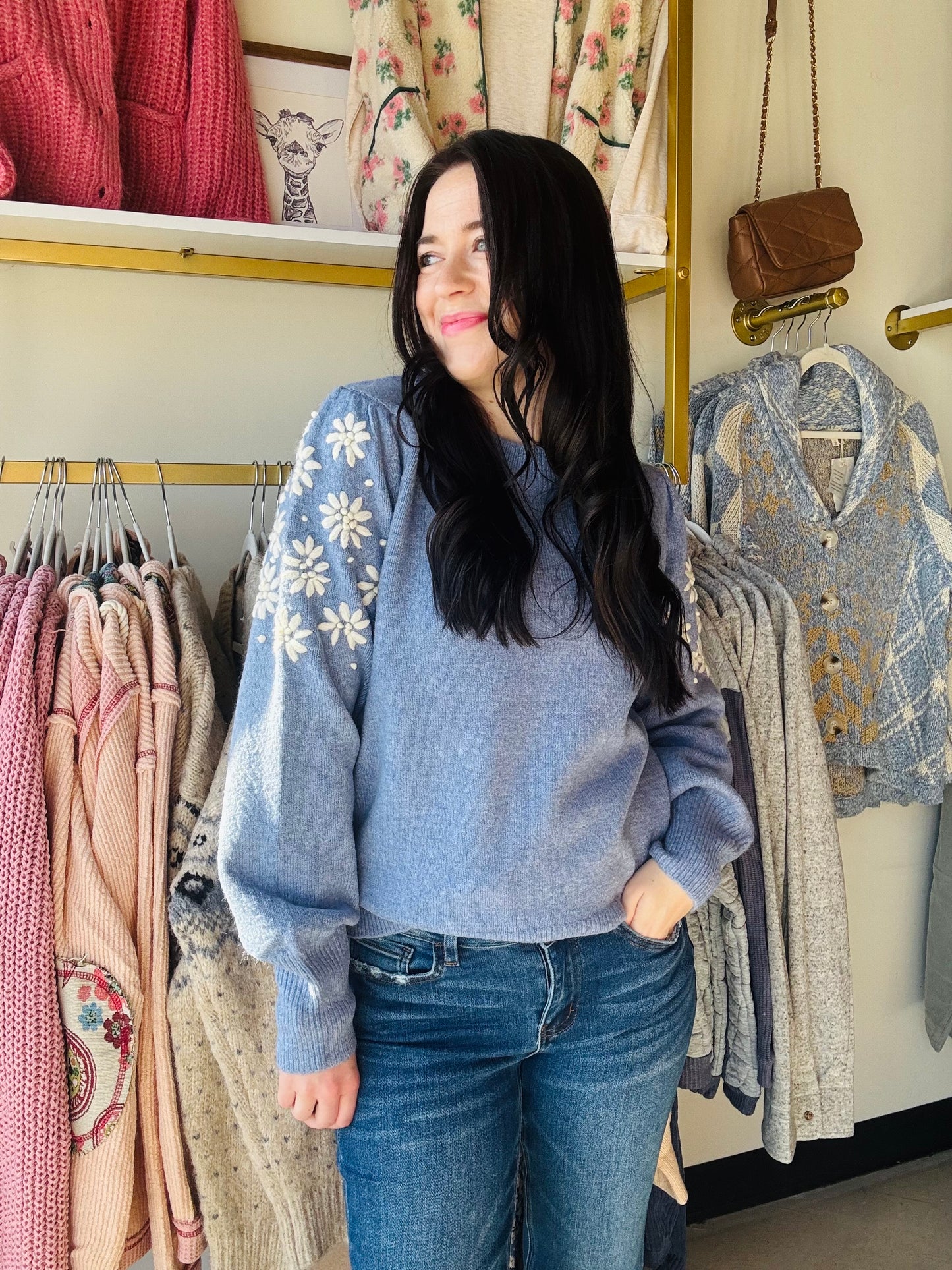 Frost Blue Floral Embellished Sweater