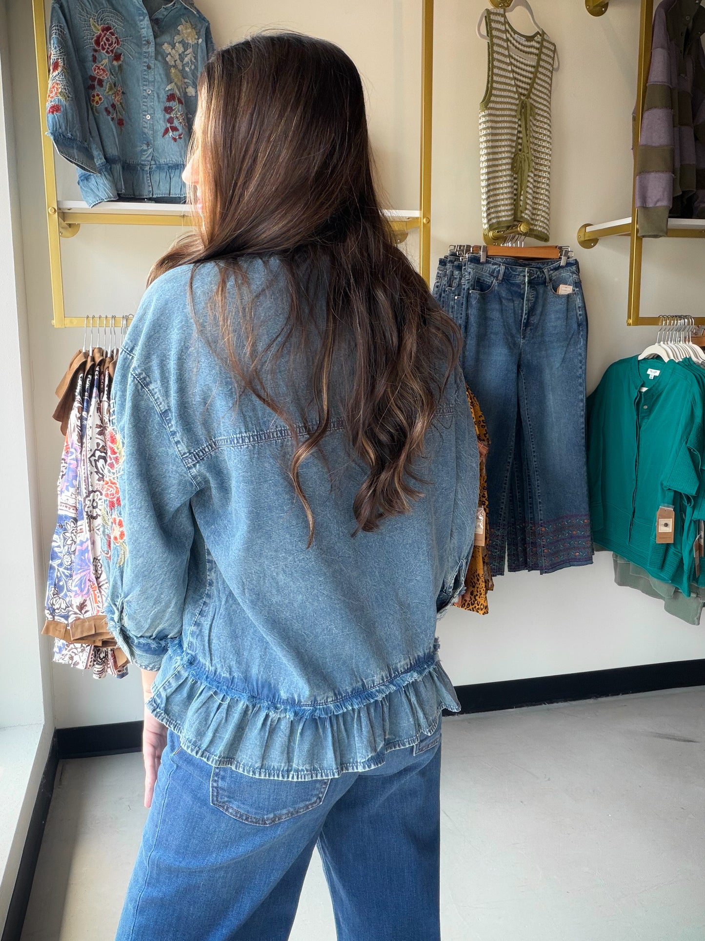 Embroidered Chambray Peplum Top