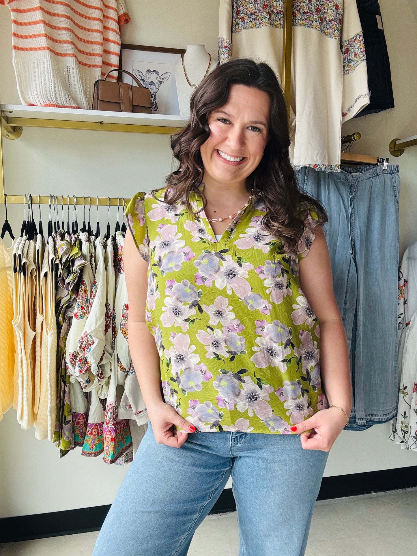 Olive Floral Flutter Sleeve Blouse