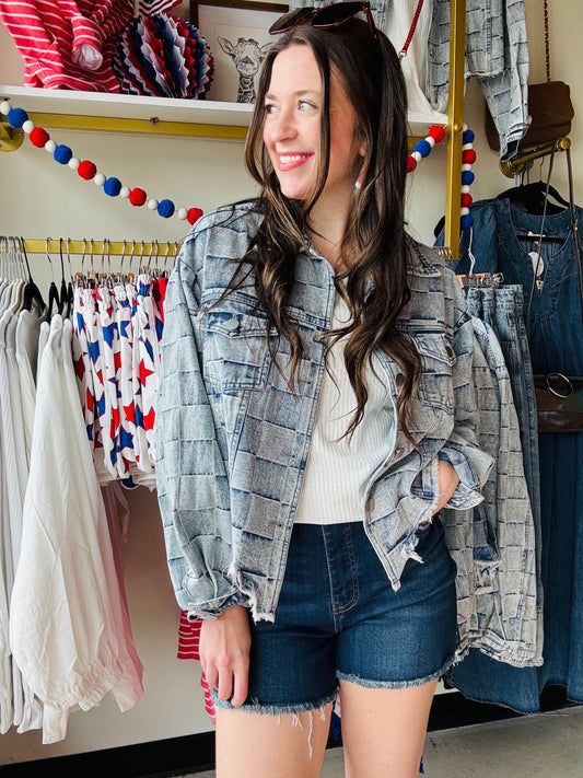 Distressed Hem Check Denim Jacket