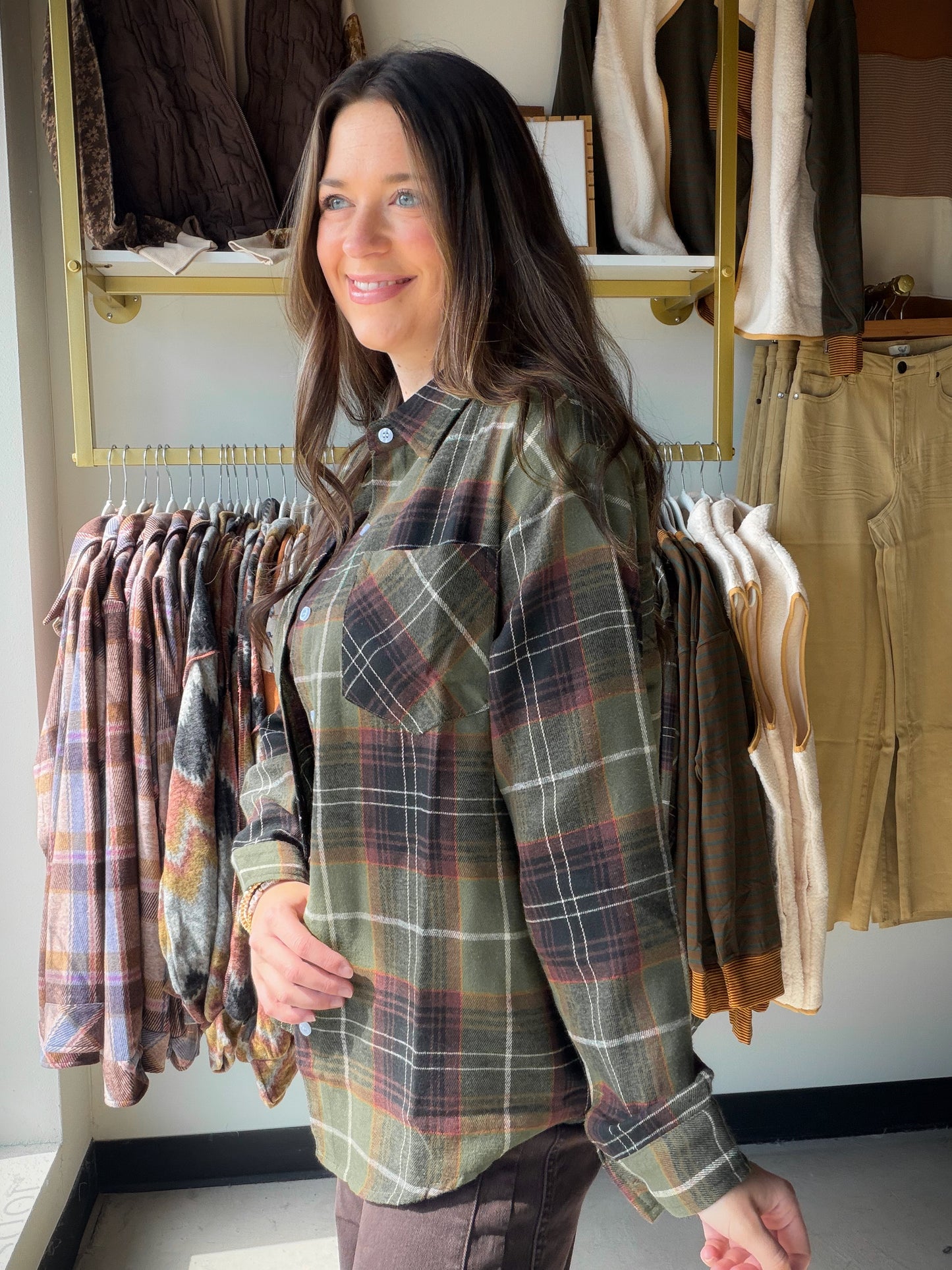 Finley Plaid Olive & Brown Top
