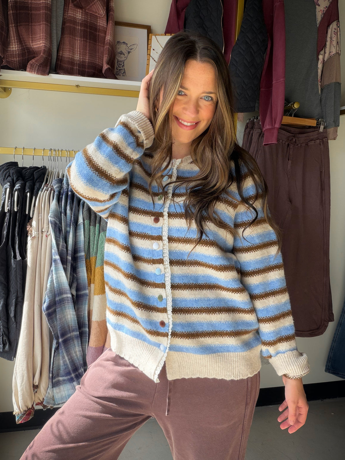 Brown & Blue Striped Button Cardi