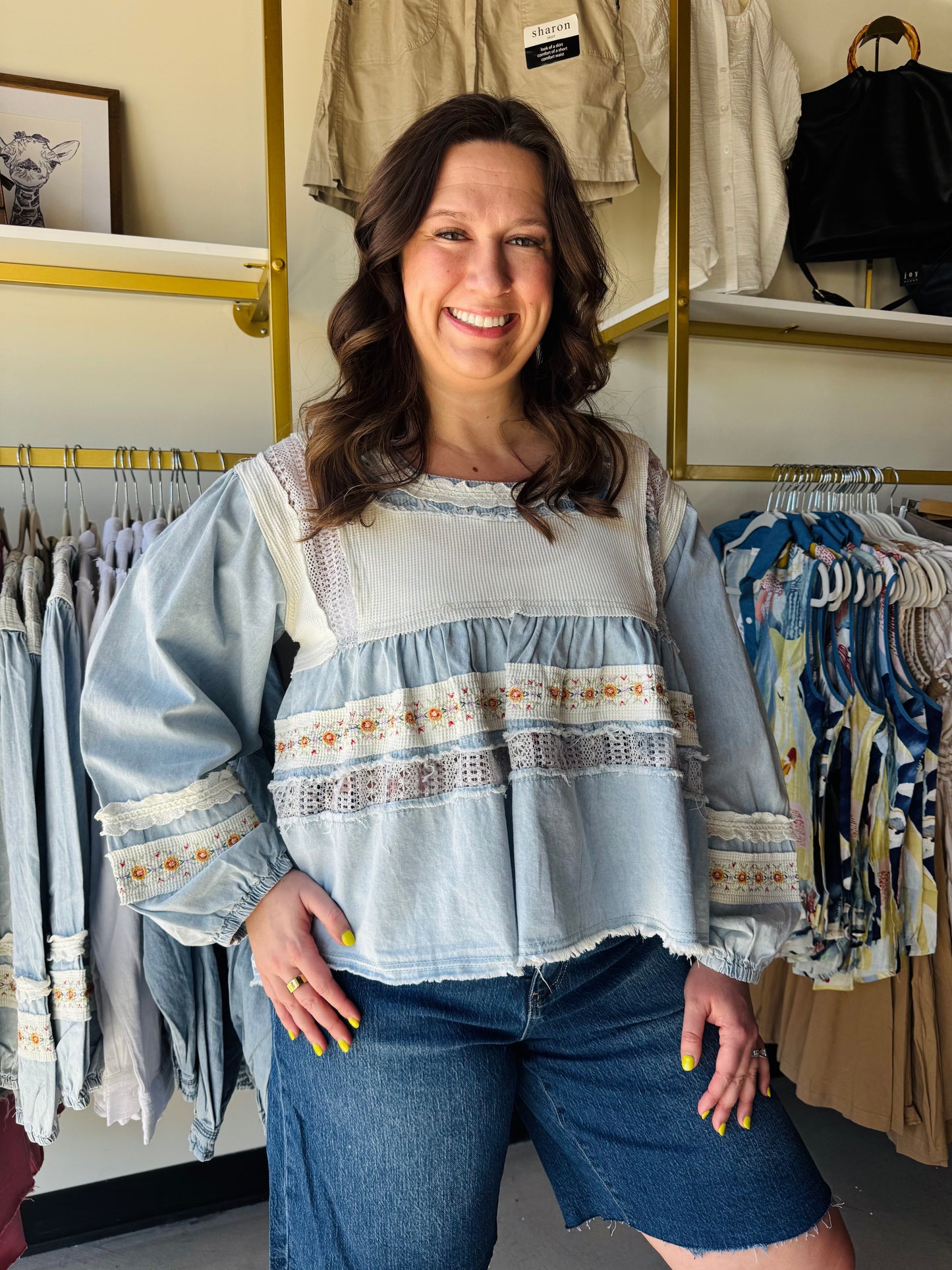 Boho Embroidered Denim & Lace Blouse