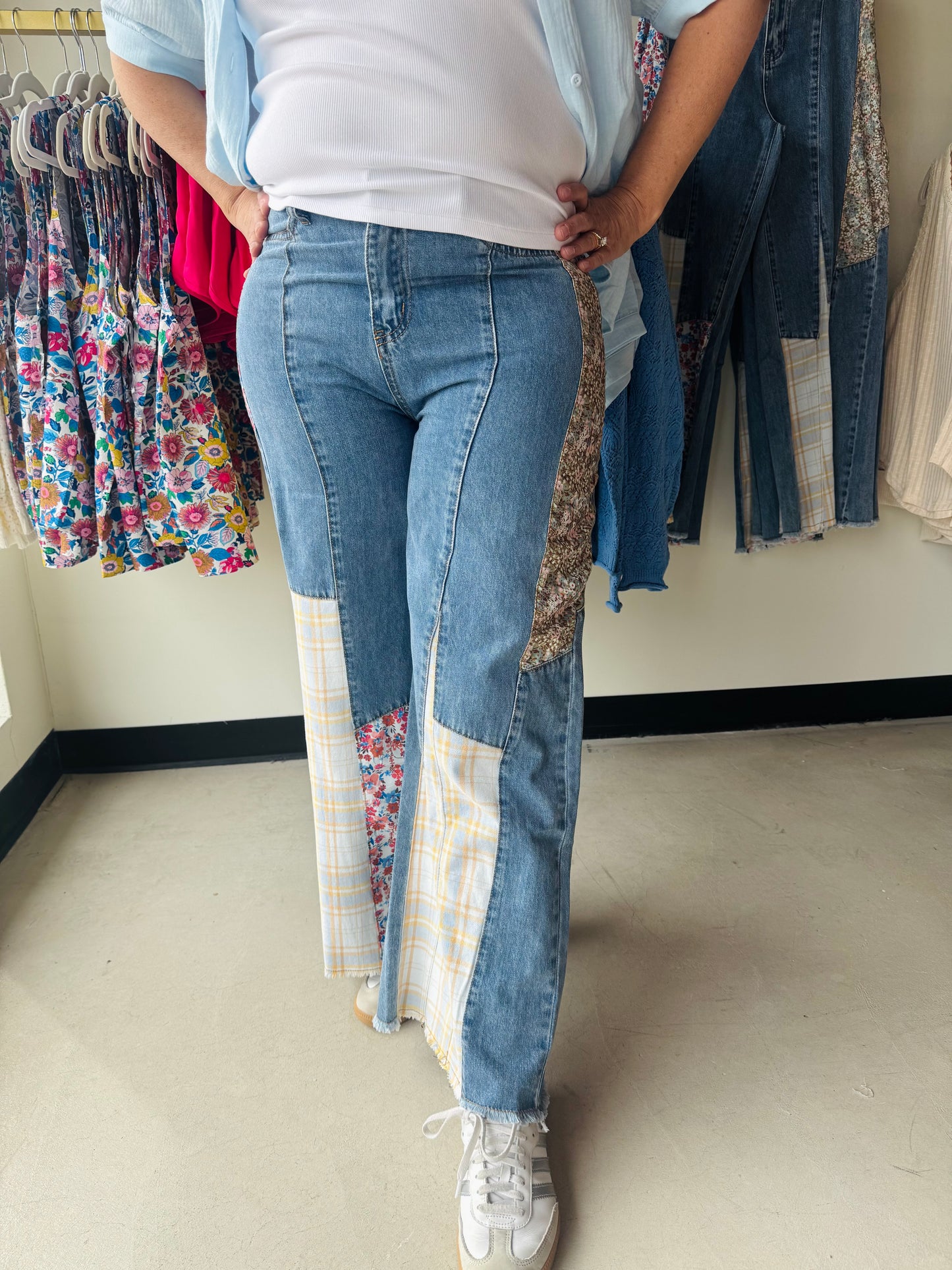 Patchwork Detail Wide Leg Denim