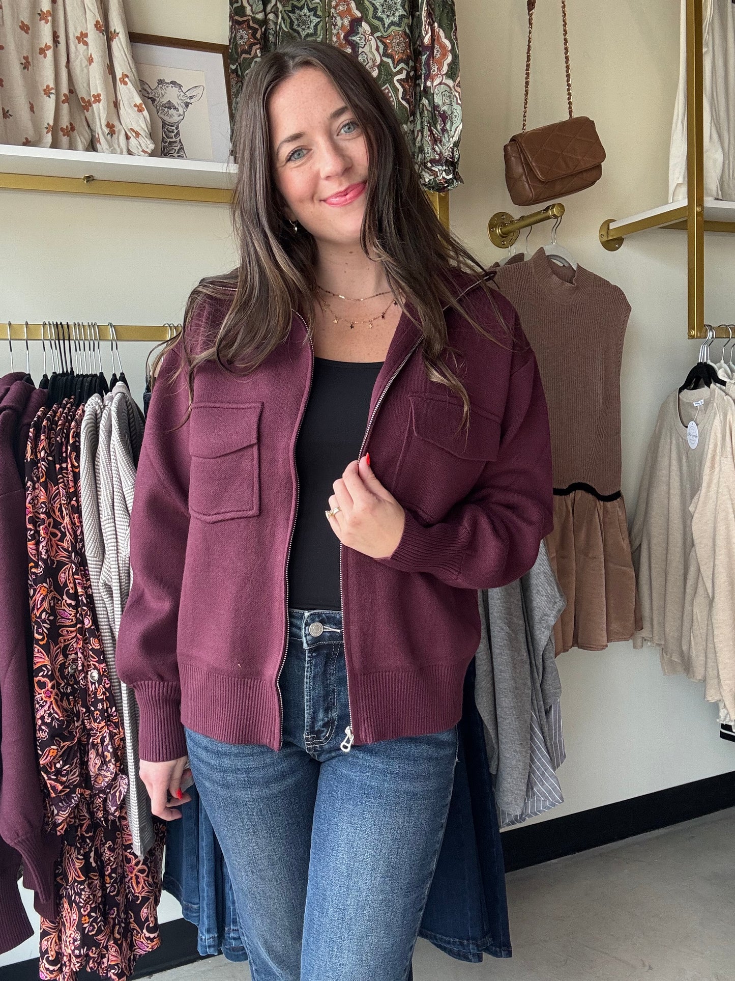 Plum Front Pocket Sweater Jacket