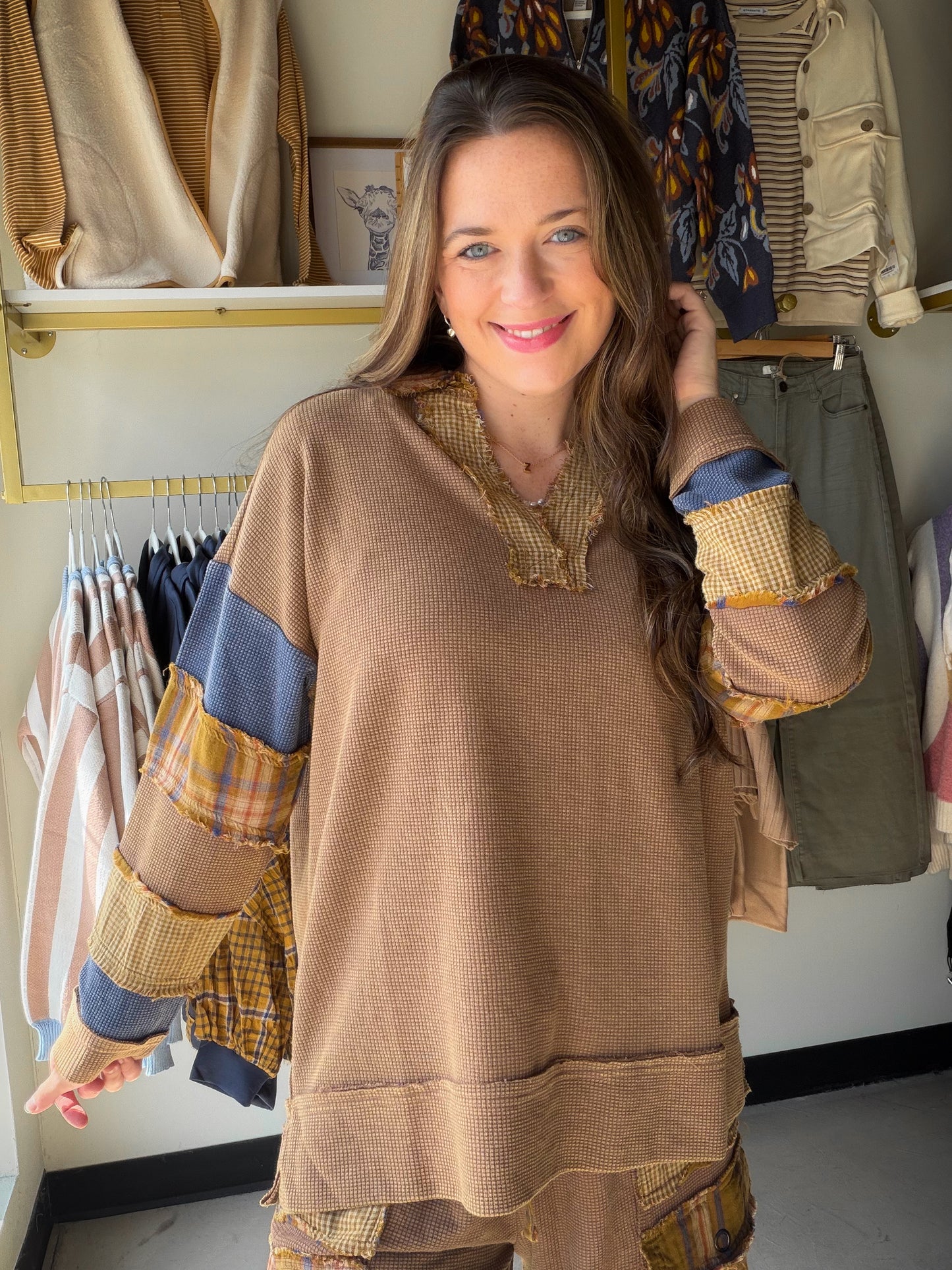 Camel Plaid Mix Thermal Top