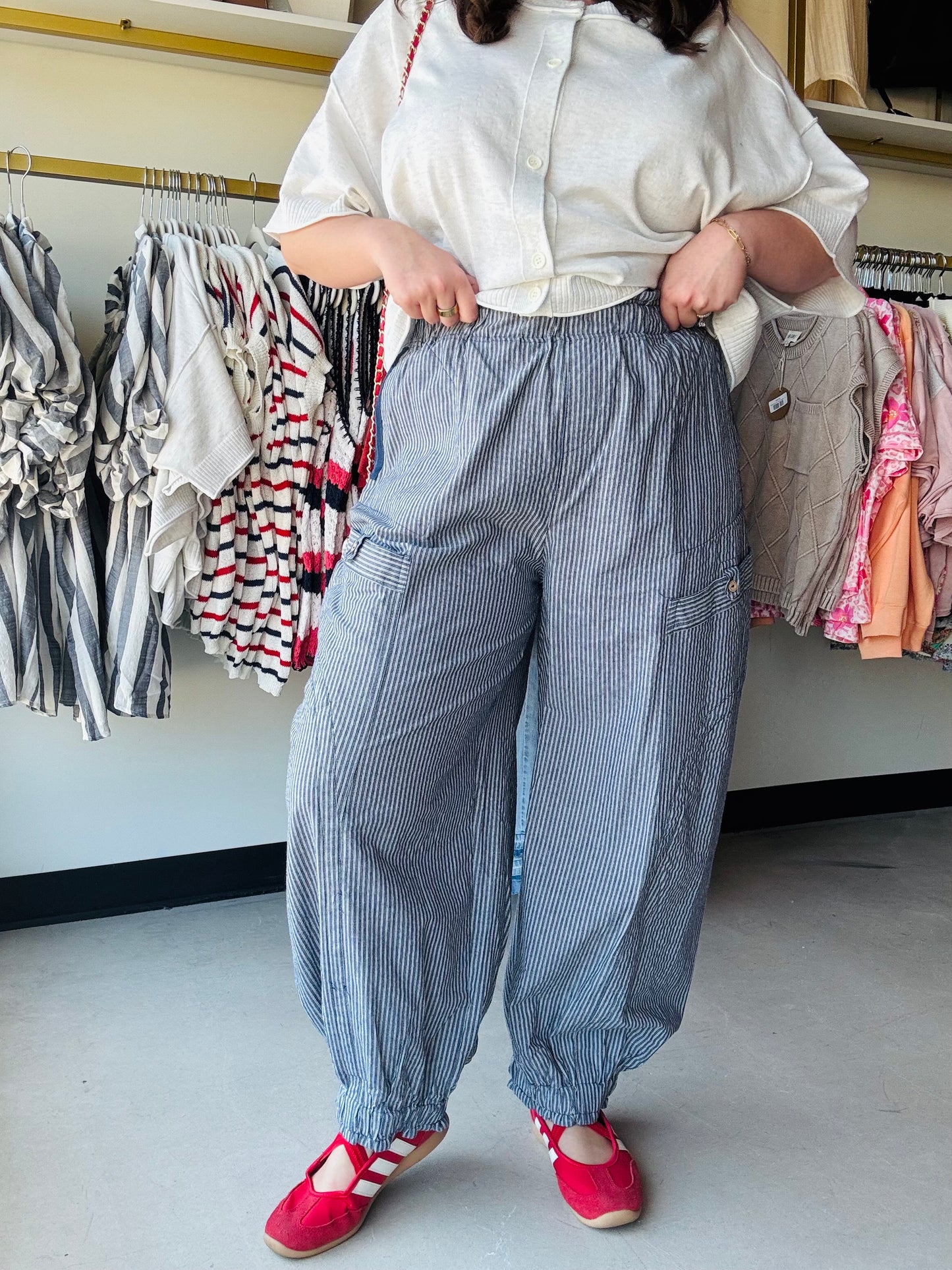 Navy Stripe Drawstring Parachute Pants