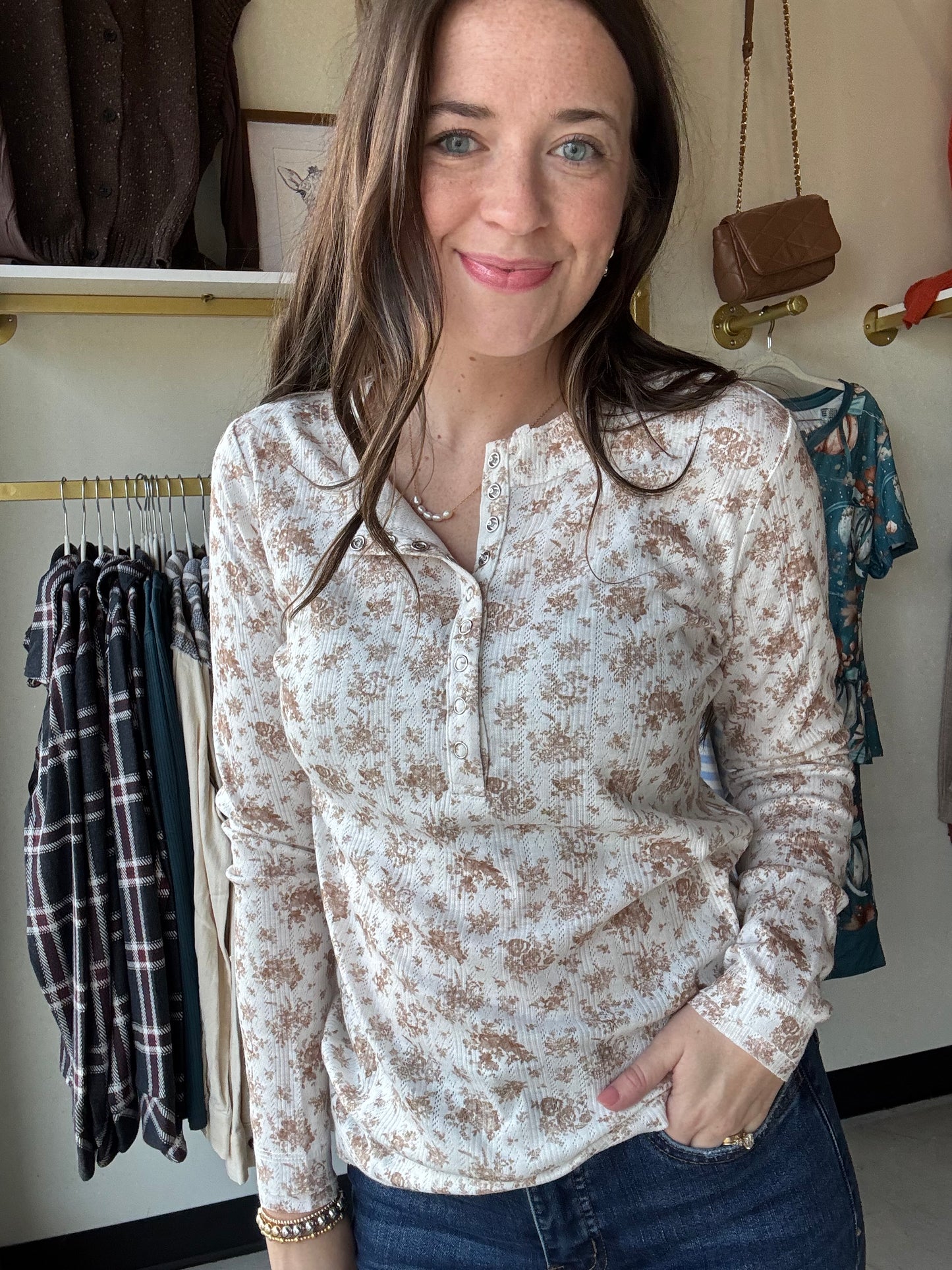 Tan Micro Floral Henley