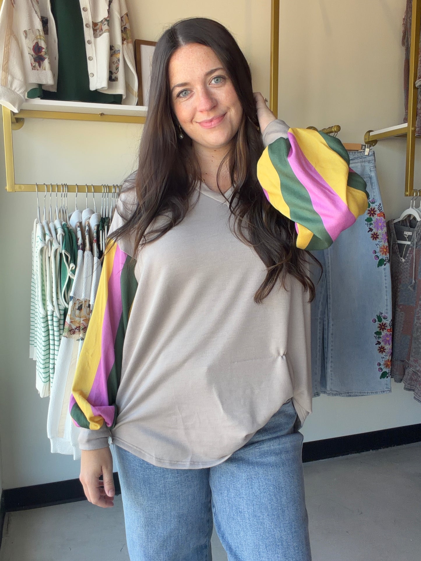 Taupe Accent Sleeve Brushed Top