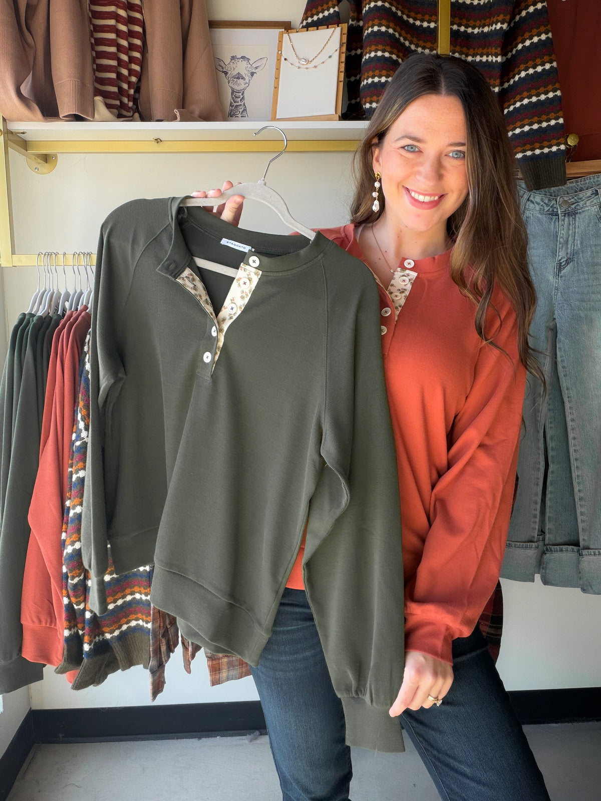 Olive Floral Neckline Henley