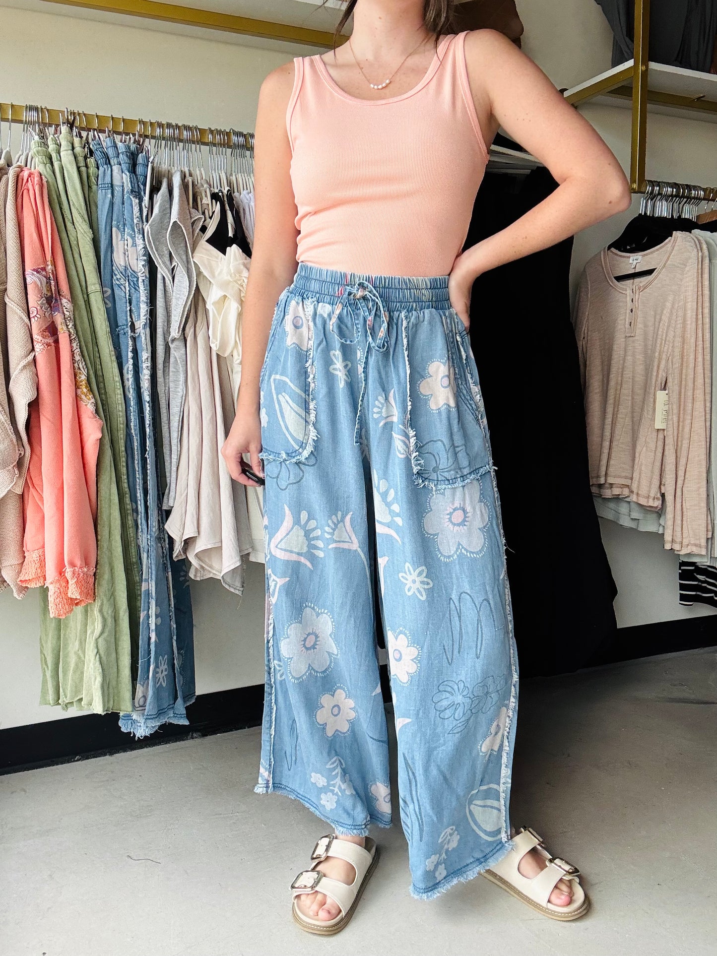 Floral Chambray Wide Leg Pants