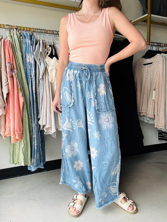 Floral Chambray Wide Leg Pants