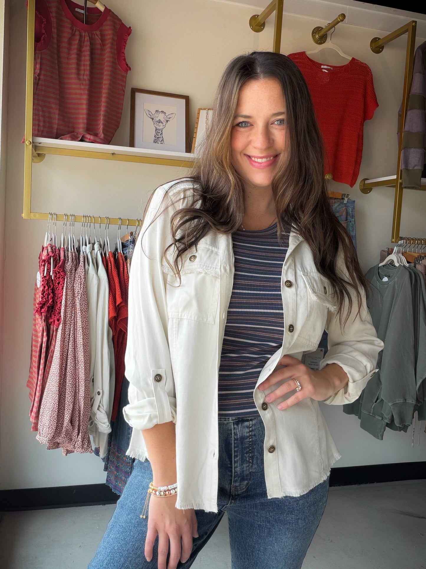 Cream Fringe Roll Tab Jacket