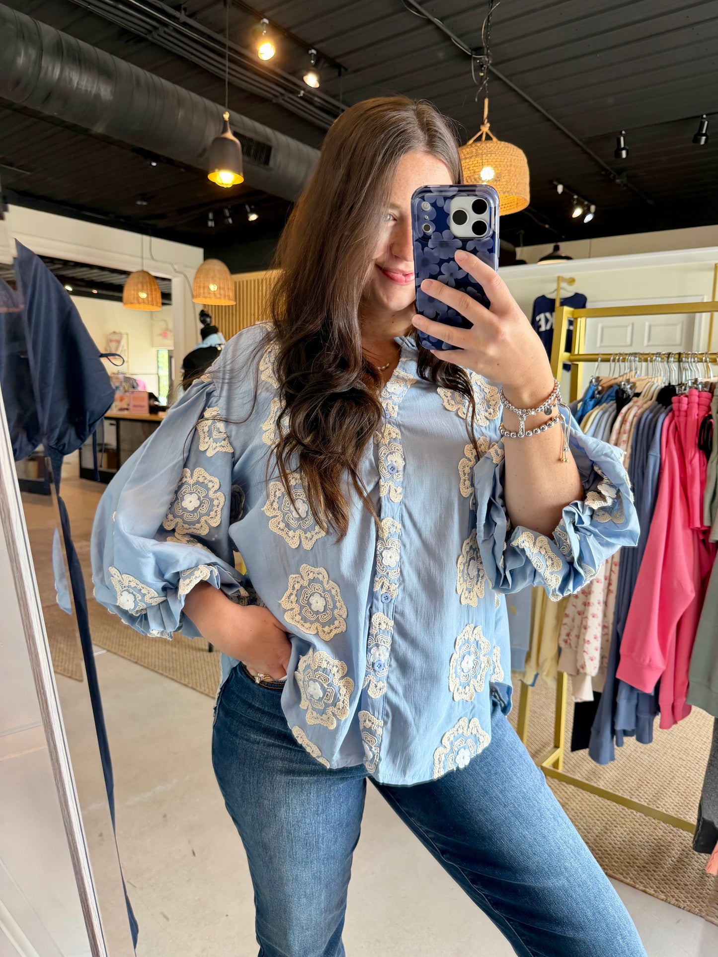 Blue 3D Floral Bubble Top