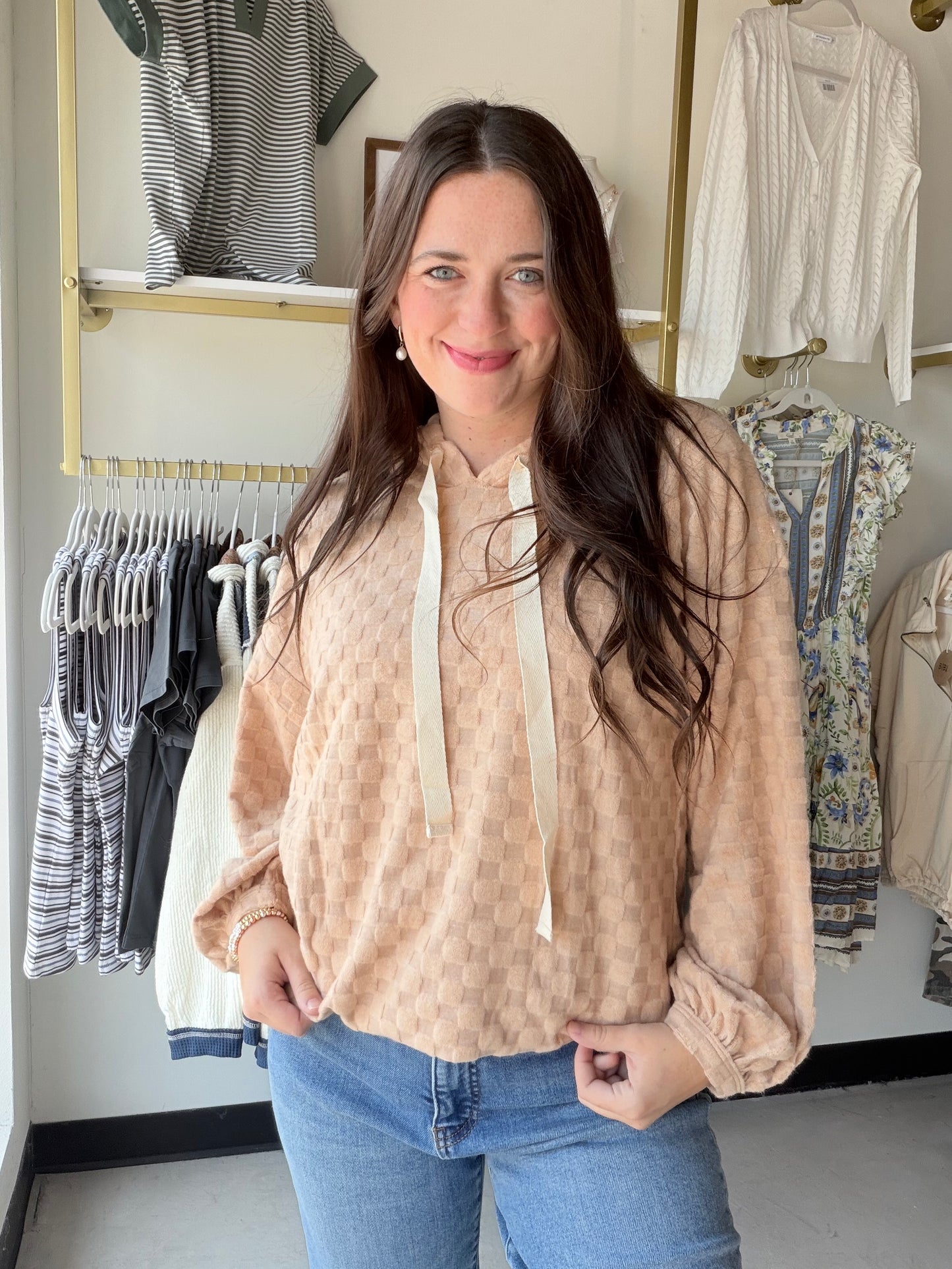 Taupe Checker Knit Hoodie