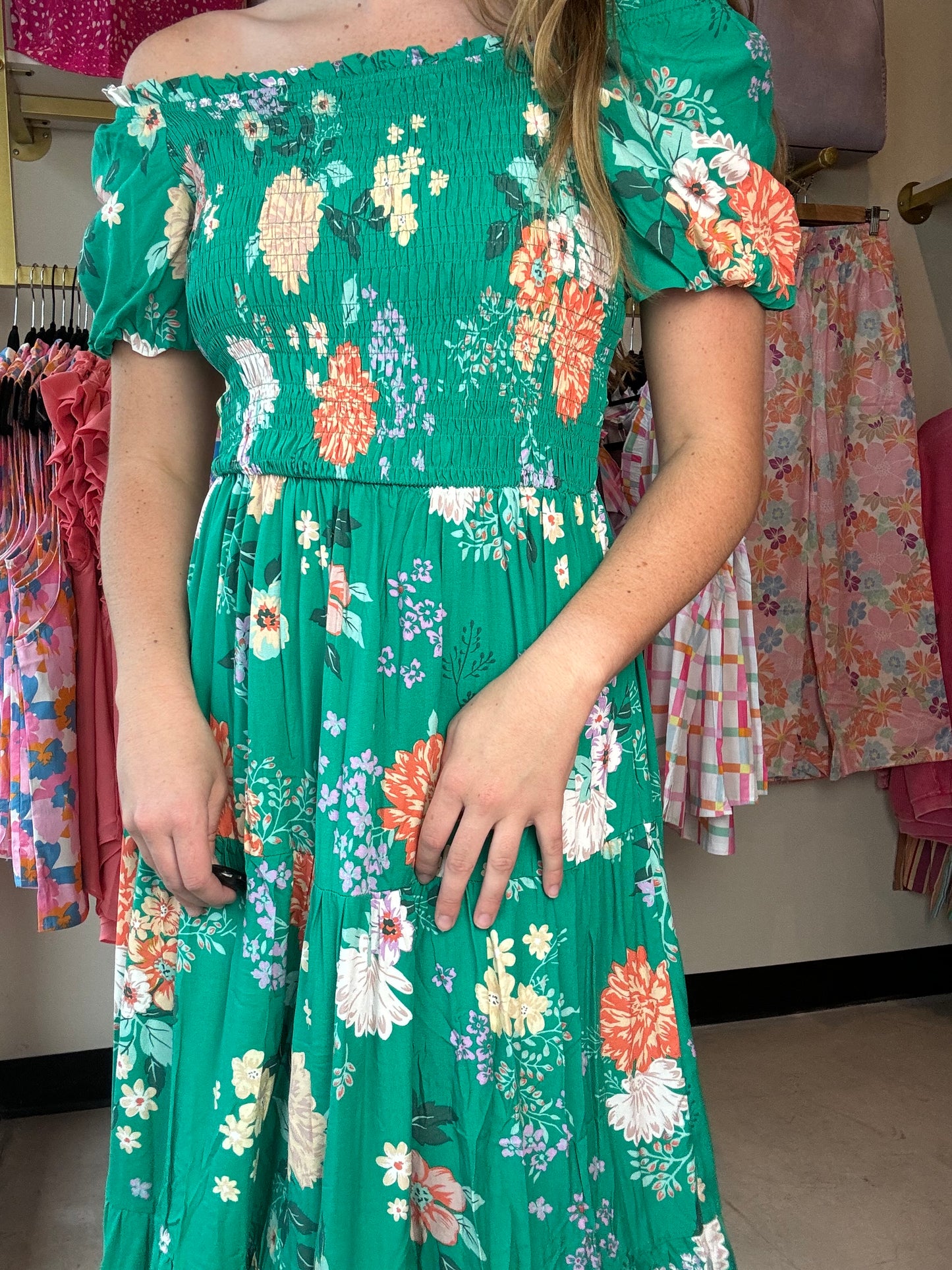 Green Floral Bubble Sleeve Dress