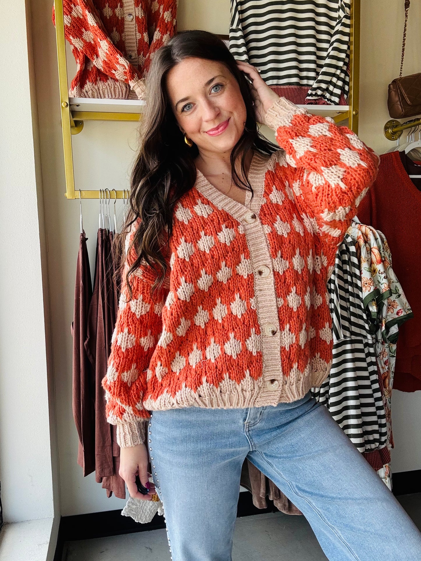 Rust Textured Button Up Sweater