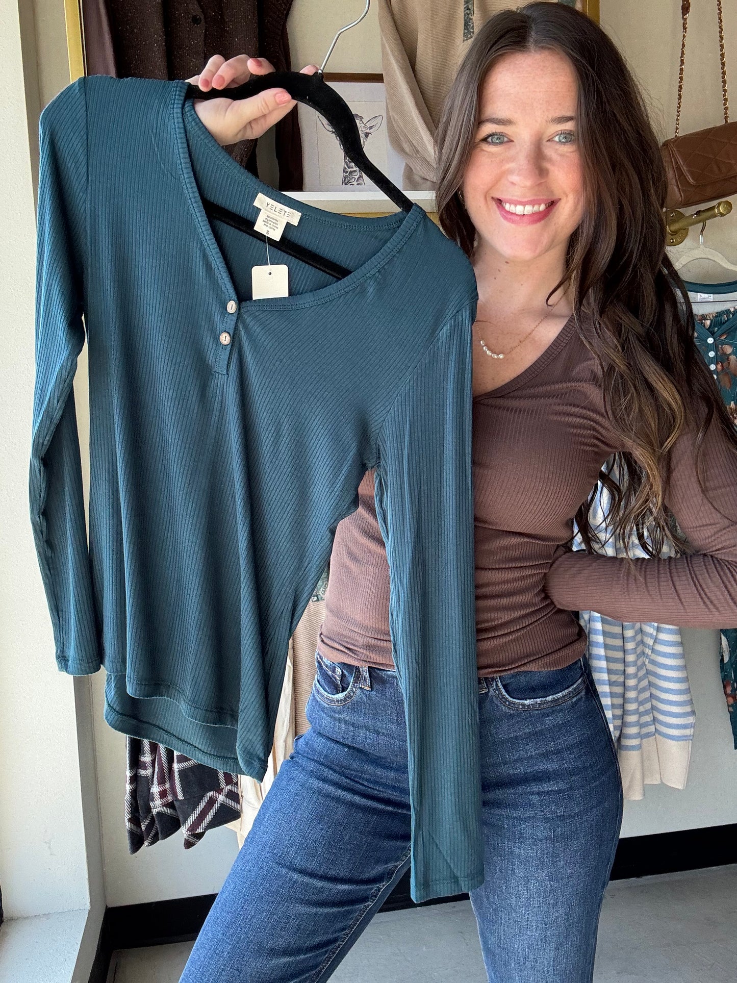 Brown Button V Neck