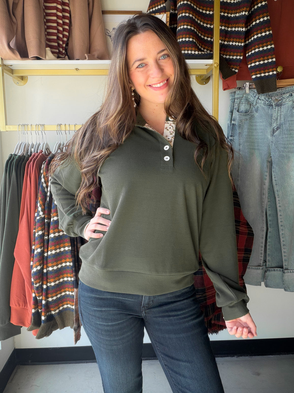 Olive Floral Neckline Henley