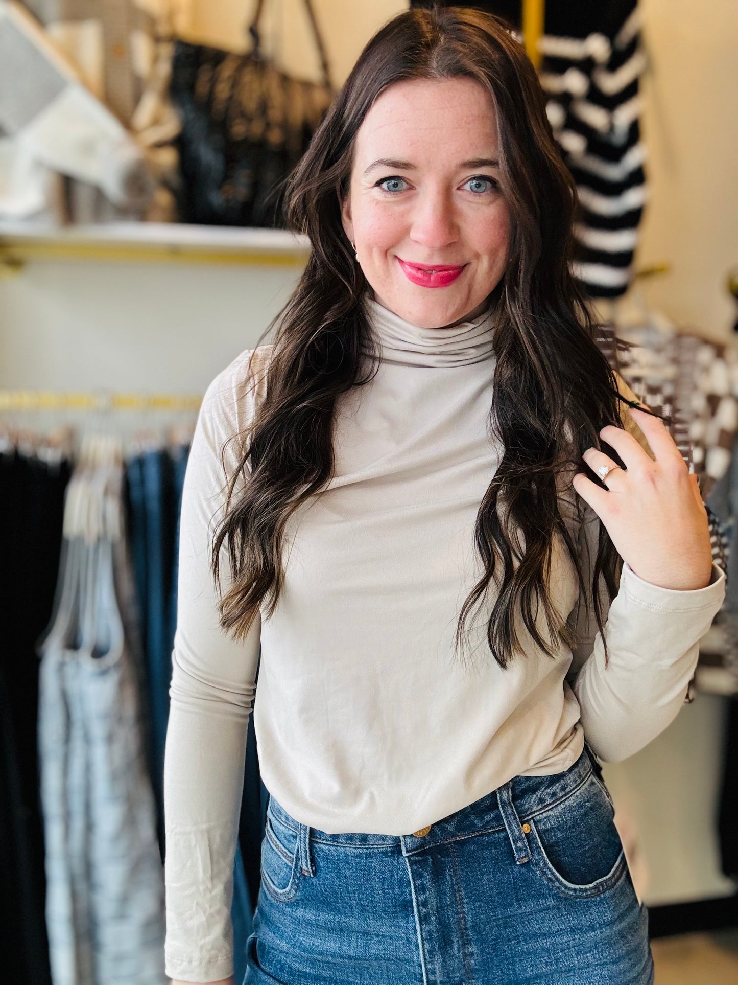 Sand Beige Mock Neck Top