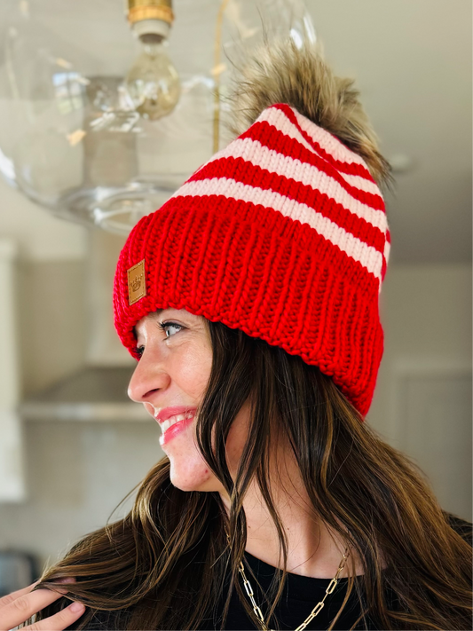 Red & Pink Striped Pom Hat