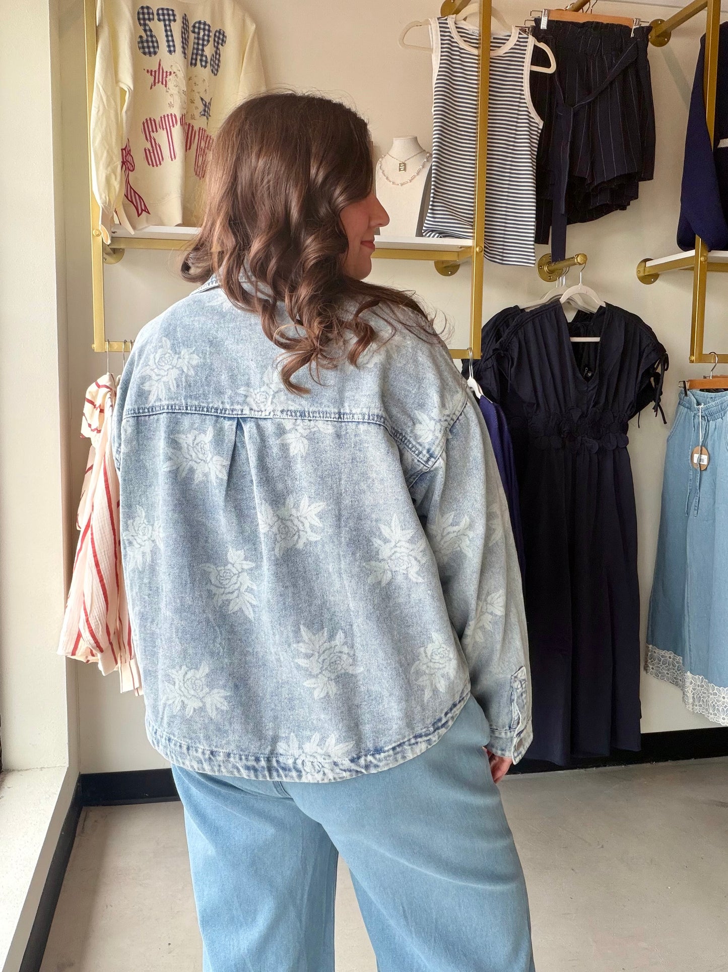 Rose Printed Washed Denim Jacket