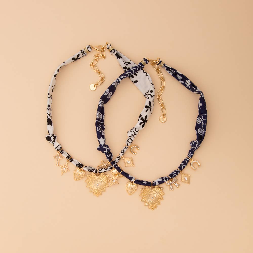 Bandana Necklace with Gold Heart and Trinkets
