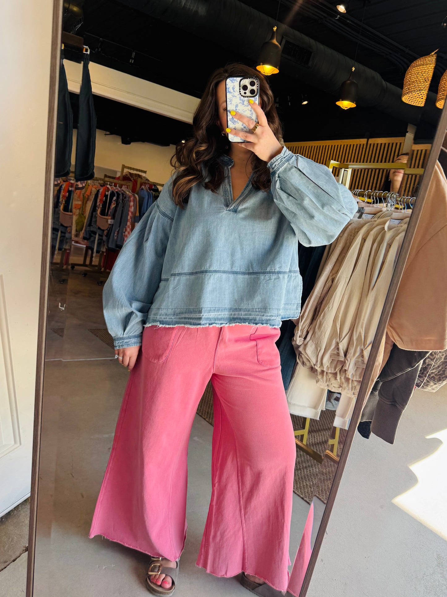 Relaxed V-Neck Boho Denim Top