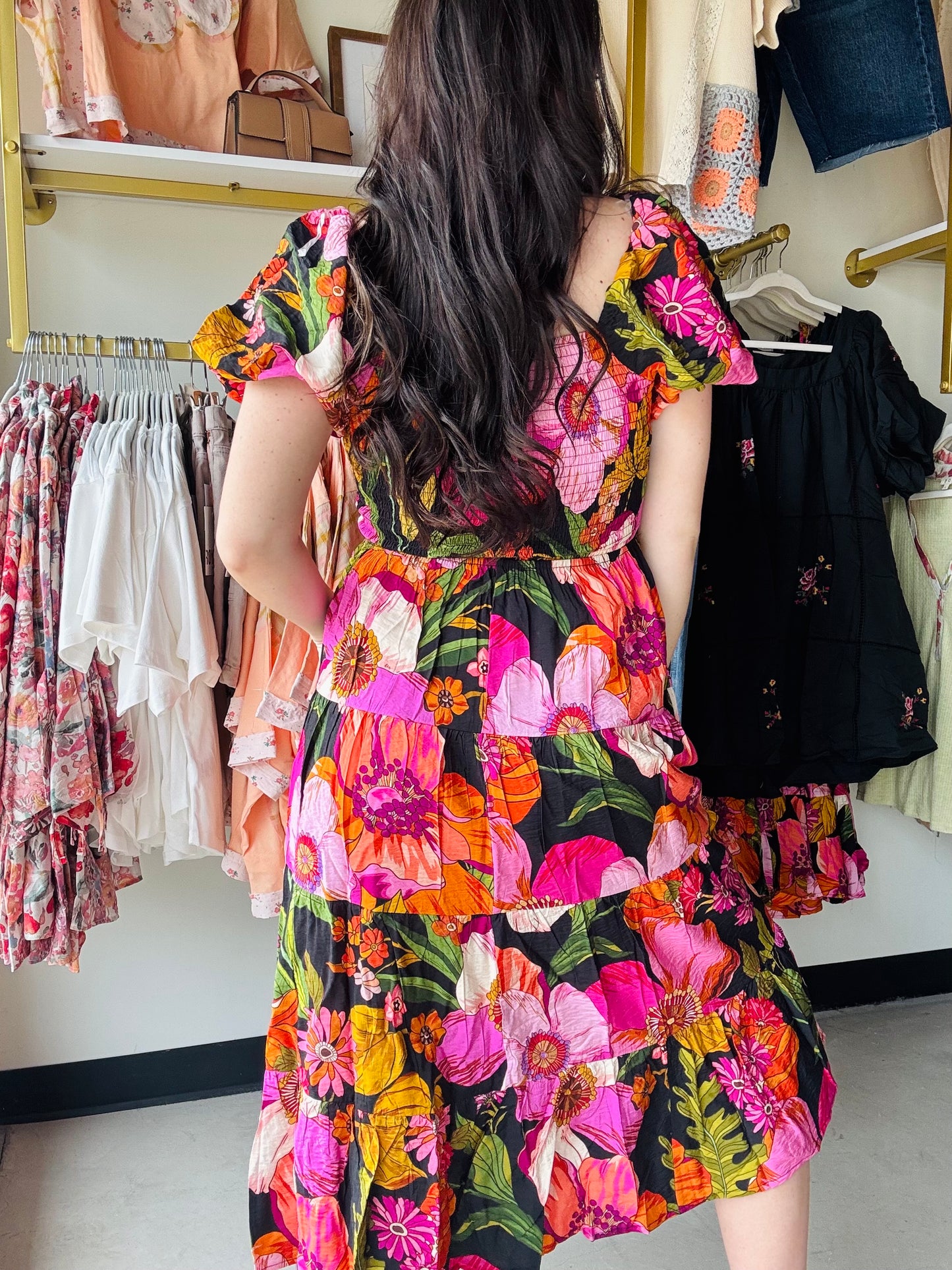 Midnight Bloom Smocked Midi Dress