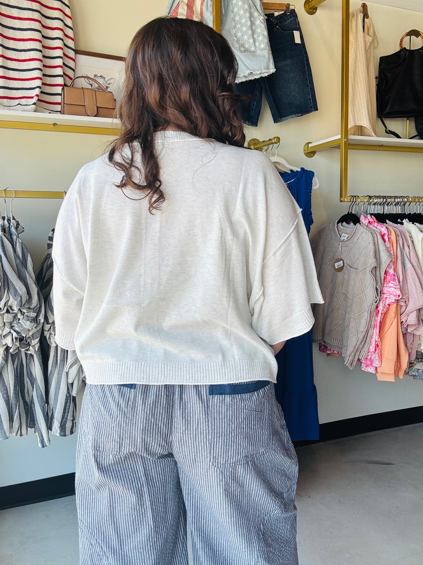 White Melange Half Sleeve Cardigan