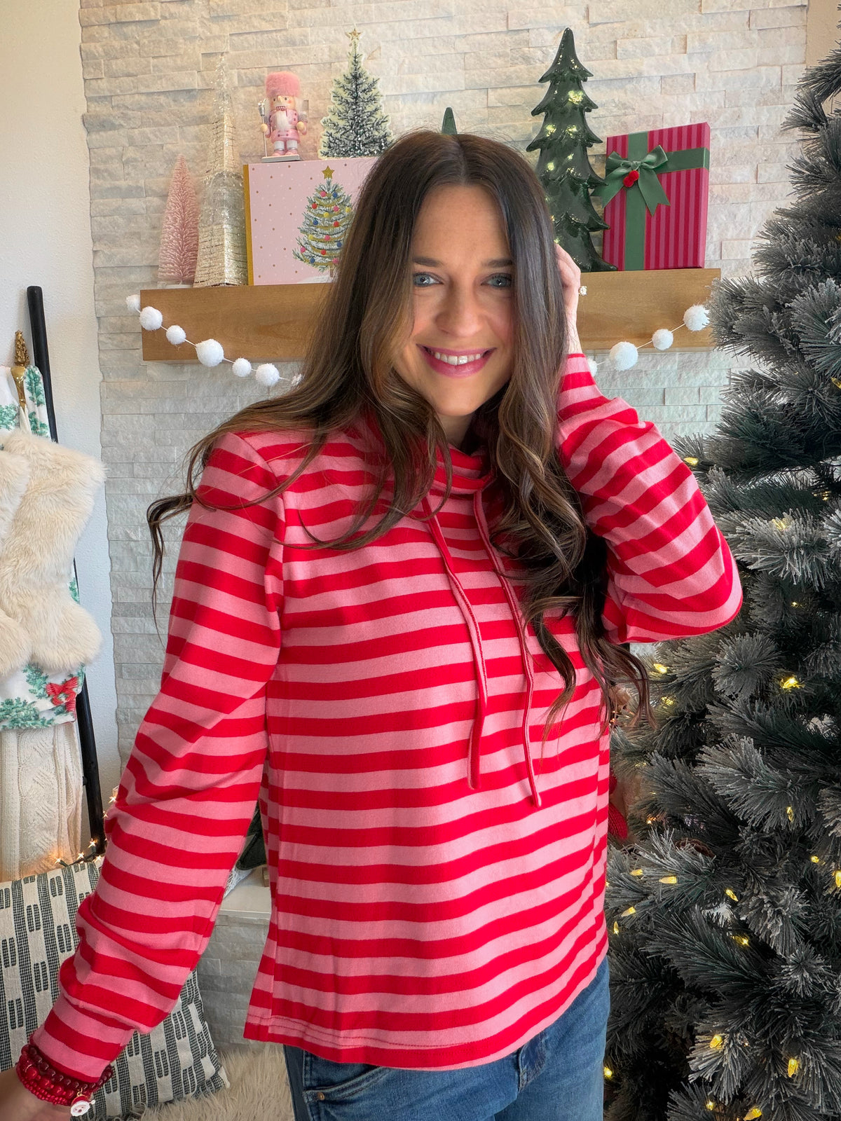 Red Pink Stripe Funnel Neck