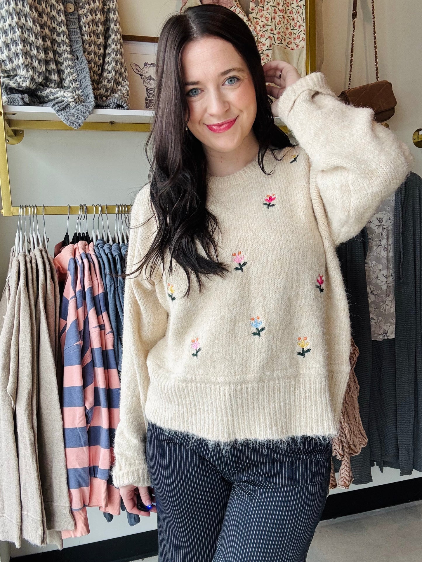 Oatmeal Floral Embroidered Sweater